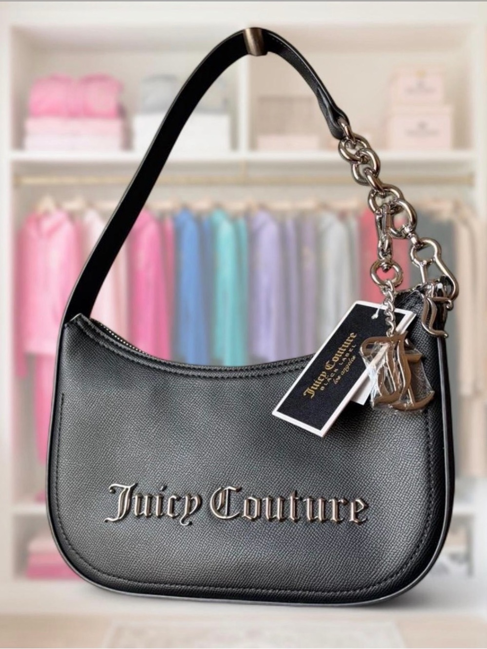 UK EXCLUSIVE Juicy Couture Black Saffiano Shoulder Bag with Logo Charm NWT